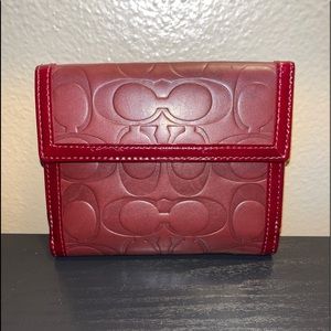 Coach red/burgundy monogram leather bifold wallet